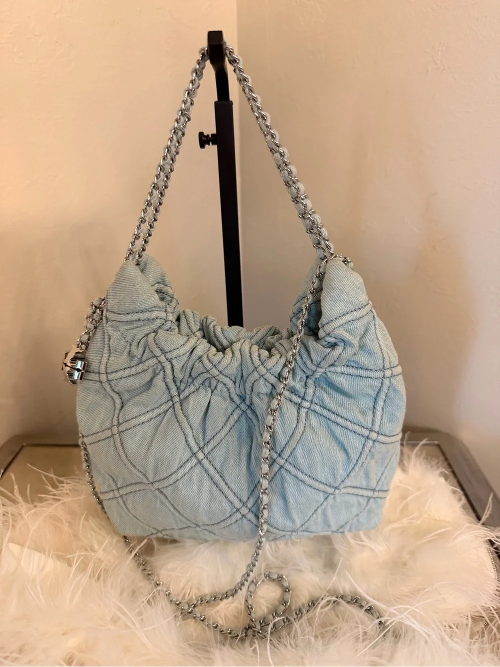 Tory Burch Mini Fleming Quilted Denim Hobo Bag